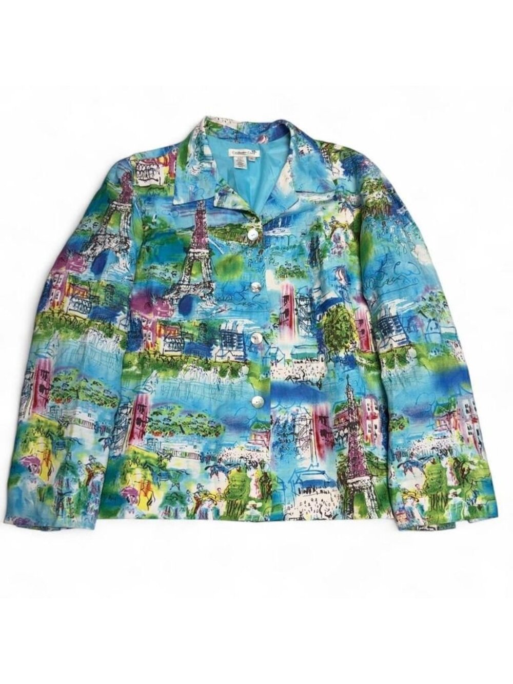 Coldwater Creek Parisian Print Linen Blend Blazer Women XL Office Vacation Blue